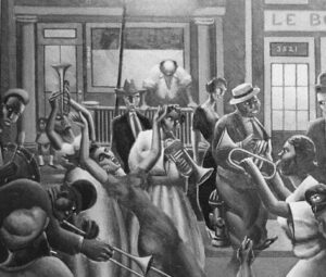 black and white illustration art of African American people dancing to Jazz music on the street